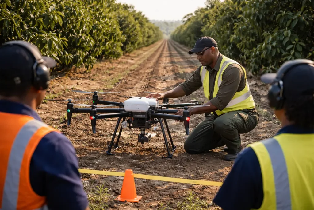 Instructor demonstrating agricultural drone setup for spraying operations in a field.