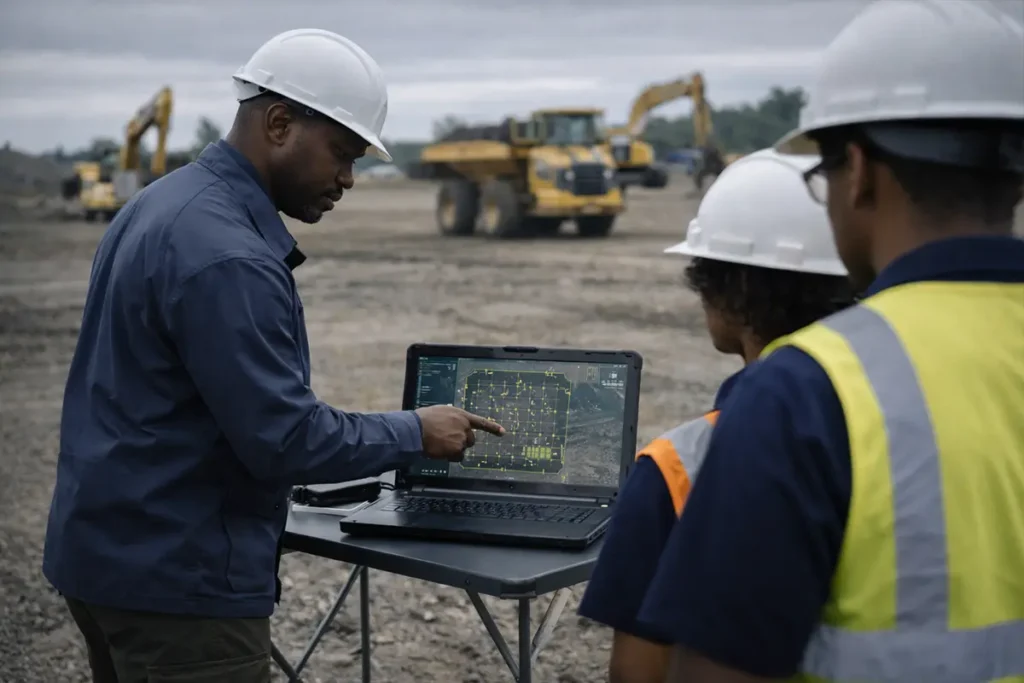 Instructor reviewing a drone mapping flight plan with trainees at a construction