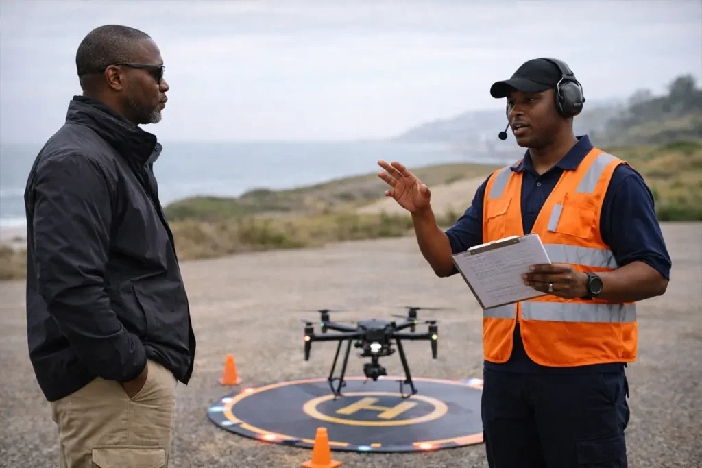 Senior instructor observing a trainee instructor during a supervised drone briefing.