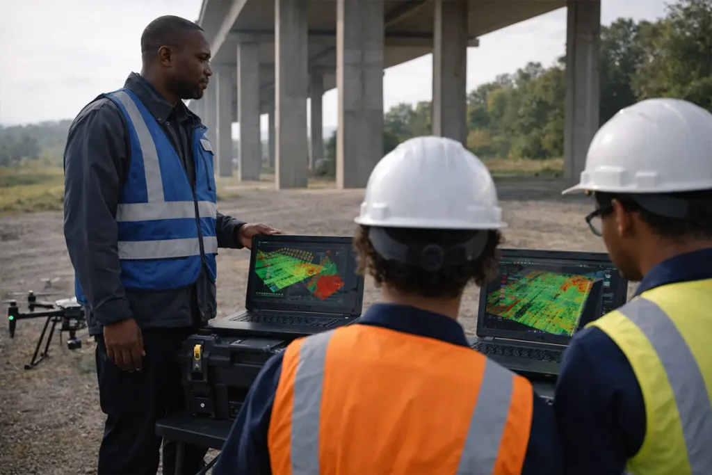 Instructor explaining LiDAR inspection data during drone infrastructure assessment training.