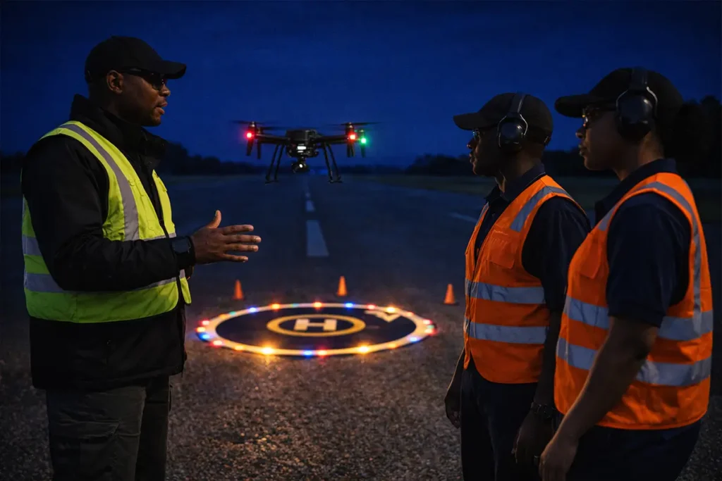 Instructor briefing trainees during night drone training with illuminated landing zone.