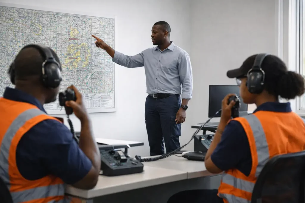 Instructor teaching aviation radio communication procedures during drone training.