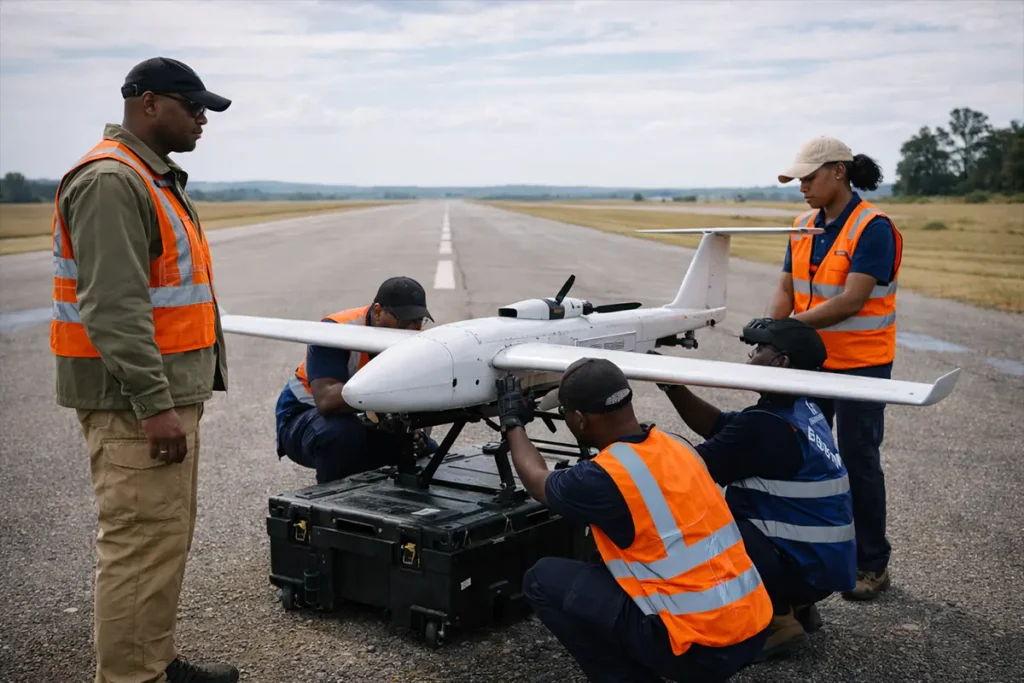 Trainees assembling a fixed-wing drone at an airstrip during regulated flight training.