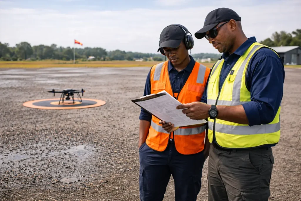 Instructor and trainee reviewing a pre-flight checklist during multirotor drone training on an open field.