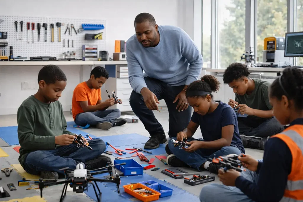 Instructor guiding children during a STEM drone learning workshop.